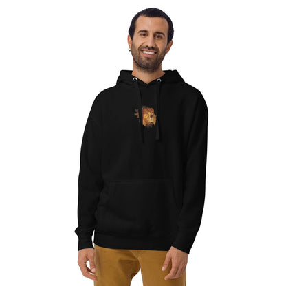 Happy man wearing Unisex-Kapuzenpullover N°48 with lion design and kangaroo pocket, ideal for cool evenings.