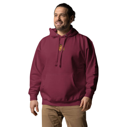 Unisex-Kapuzenpullover N°48 in burgundy with kangaroo pocket and soft cotton blend, worn by model showcasing fit and design.