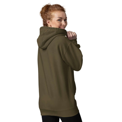 Person wearing Unisex-Kapuzenpullover N°50 in olive, showcasing back side with hood up.