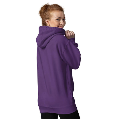 Person wearing Unisex-Kapuzenpullover N°50 in purple, showcasing the back view with hood and stylish design. Perfect for cool evenings.