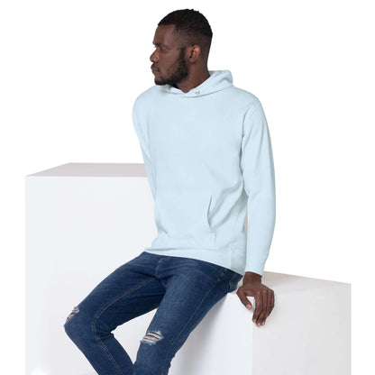 Unisex-Kapuzenpullover N°49 in light blue worn by male model, showcasing soft hoodie design with front pocket and warm hood.