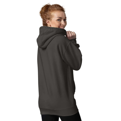 Woman wearing Unisex-Kapuzenpullover N°50 in dark grey, showcasing back design and hood.