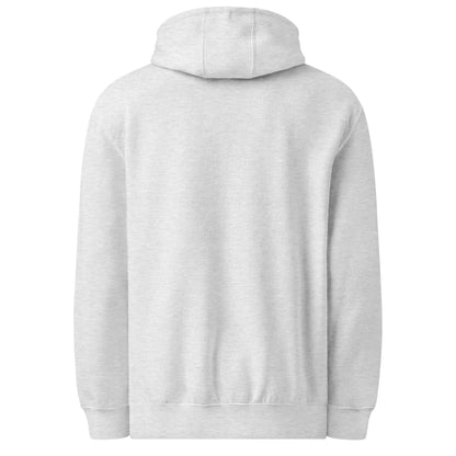 Rückansicht des Mittelschwerer Unisex Premium-Hoodie in Hellgrau, gefertigt aus 80 % Baumwolle und 20 % recyceltem Polyester.
