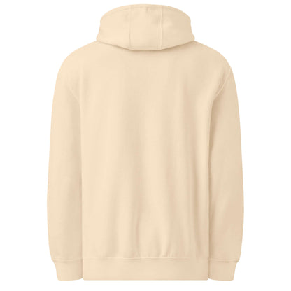 Mittelschwerer Unisex Premium-Hoodie in Beige, Rückansicht, glatt gearbeitet aus Baumwolle und recyceltem Polyester für urbanen Stil.