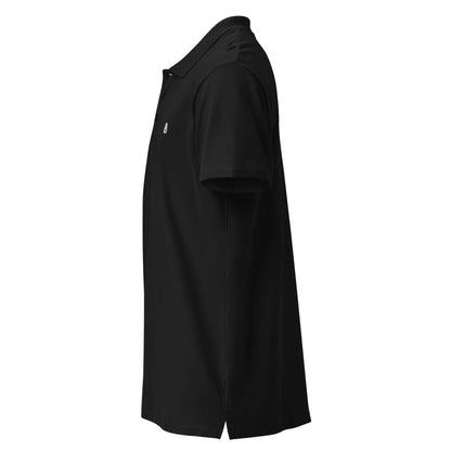 Side view of the Premium-Piqué-Poloshirt N°0 in black, showcasing soft fabric and ribbed collar.
