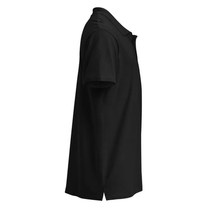 Side view of Premium-Piqué-Poloshirt N°0 in black, featuring a ribbed collar and classic fit.