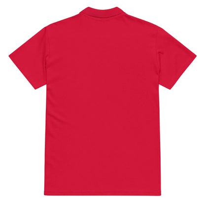 Red Premium-Piqué-Poloshirt N°0, back view showcasing ribbed collar and classic fit made of soft, thick cotton fabric for elegant daily comfort.