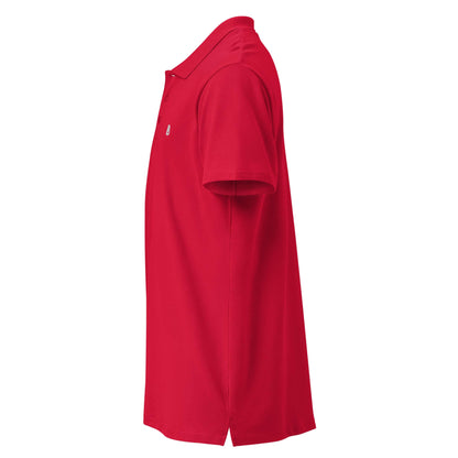 Side view of a red Premium-Piqué-Poloshirt N°0 with ribbed collar and button placket, offering comfort and style for everyday or sports use.