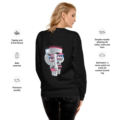 Unisex-Premium-Pullover N°1 with abstract face design on black sweatshirt, featuring quality fleece and ribbed cuffs.