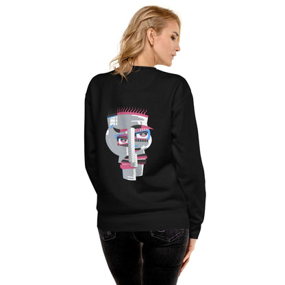 Woman wearing Unisex-Premium-Pullover N°1 with artistic graphic design on back, featuring ribbed crew neck and cuffs.