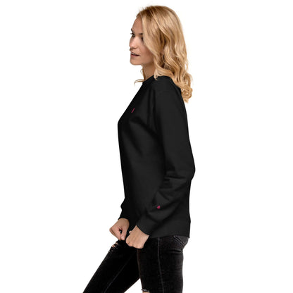 Woman wearing Unisex-Premium-Pullover N°1 with ribbed crew neck and soft fleece interior, ideal for trendy streetwear style.