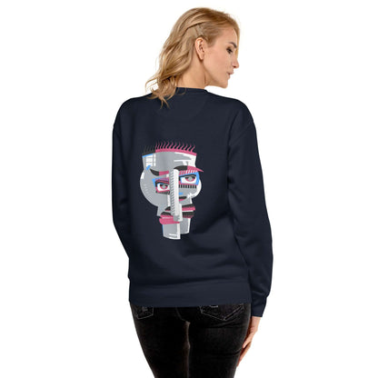 Woman wearing Unisex-Premium-Pullover N°1 with abstract face design on the back, featuring ribbed neckline and soft fleece inside.