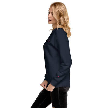 Side view of woman wearing Unisex-Premium-Pullover N°1, showcasing a stylish and comfortable streetwear look with ribbed crew neck.