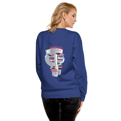 Woman wearing Unisex-Premium-Pullover N°1 with unique back graphic design, showcasing comfortable streetwear style.