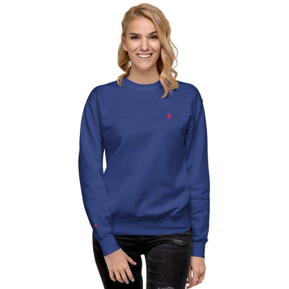 Unisex-Premium-Pullover N°1 in blue with ribbed crew neck and cuffs, featuring a classic design for a trendy streetwear look.