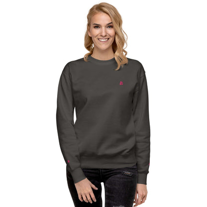 Unisex-Premium-Pullover N°1, a charcoal heather sweatshirt with ribbed crew neck and long cuffs, perfect for a stylish streetwear look.