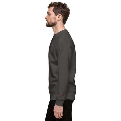 Unisex-Premium-Pullover N°1 in charcoal, side view of classic sweatshirt with ribbed neckline and cuffs, ideal for stylish streetwear.
