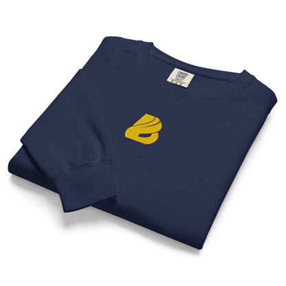 Unisex Pullover in navy blue with yellow logo, folded neatly to showcase vintage style and soft fabric.