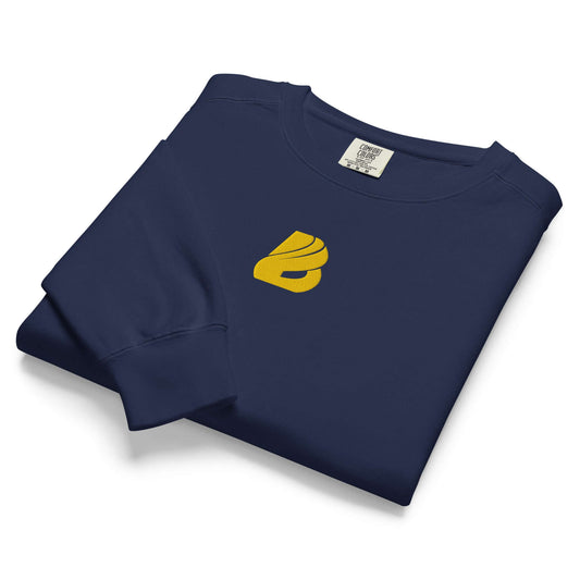 Unisex navy blue pullover with a vibrant yellow logo, showcasing a casual and vintage-inspired design.