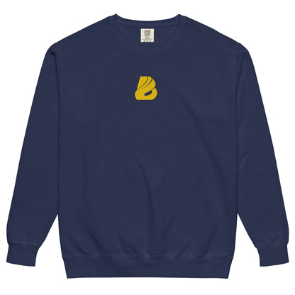 Unisex Pullover in vintage blue with soft fleece and relaxed fit, featuring a yellow logo in the center, made of cotton-polyester blend.