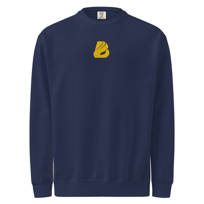 Unisex Pullover in navy blue with a vintage look and soft fabric, featuring a small yellow logo on the front.