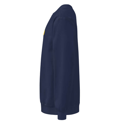Side view of a navy Unisex Pullover with relaxed fit and vintage-washed color.