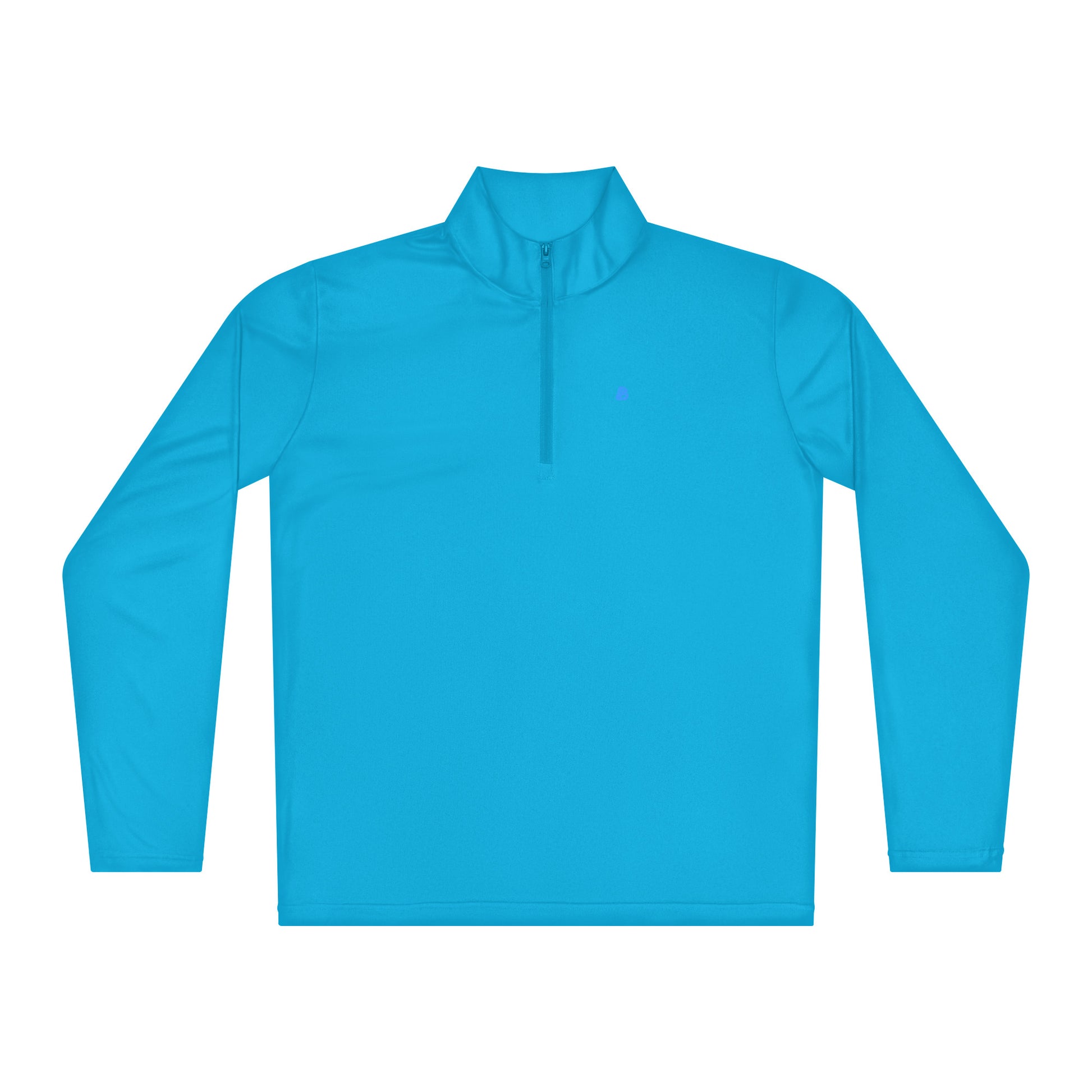Leichter blauer Pullover mit Viertel-Reißverschluss aus 100 % Polyester, ideal für Sport und Alltag, feuchtigkeitsableitend und bequem.