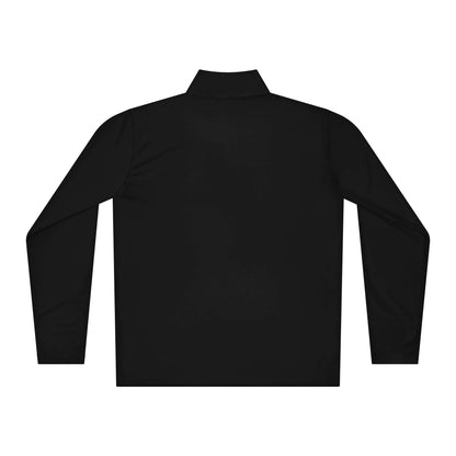 Rückseite eines schwarzen leichten Pullovers mit Viertel-Reißverschluss
