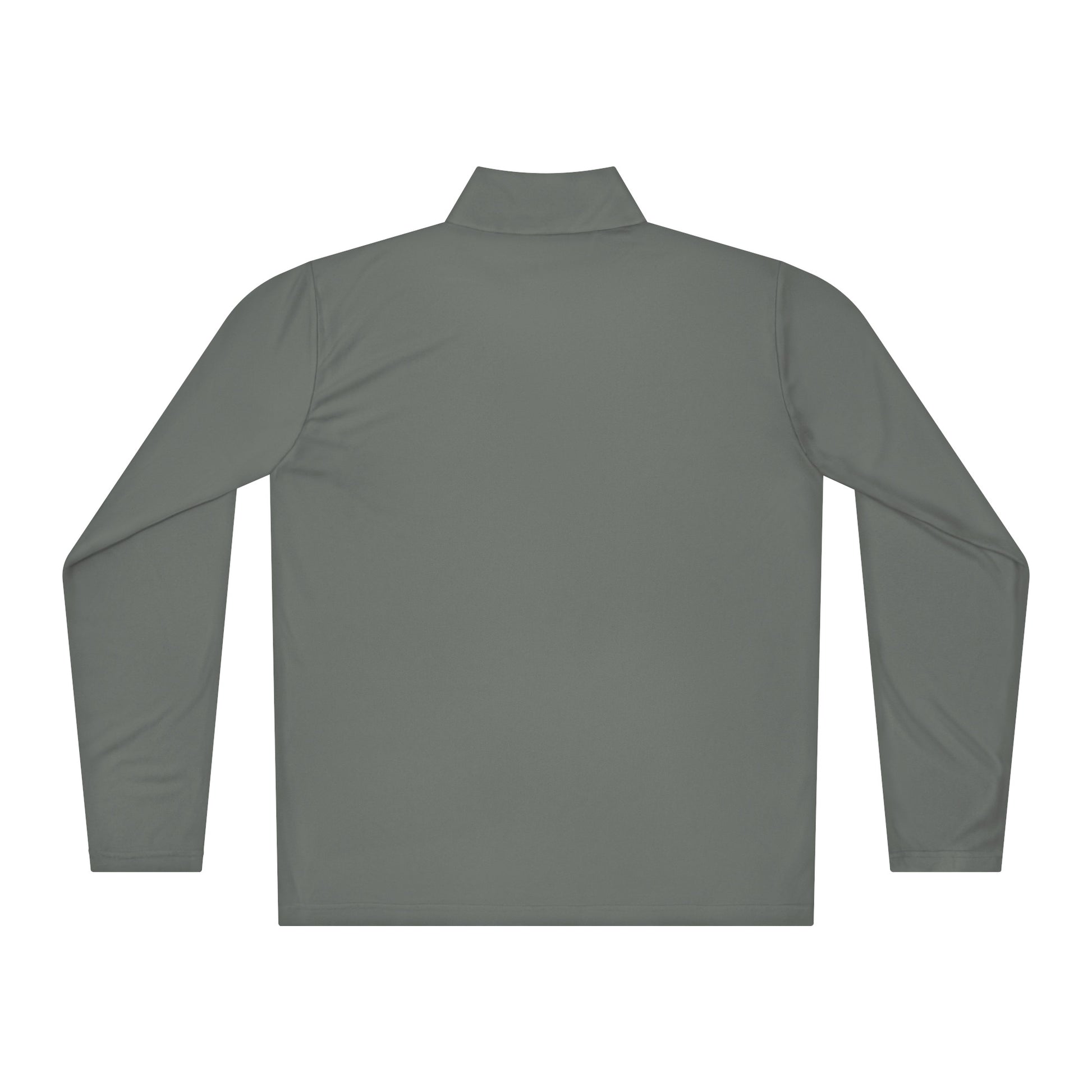 Back view of a lightweight gray quarter-zip pullover showcasing smooth polyester fabric and simple cuffs, ideal for layered outfits.