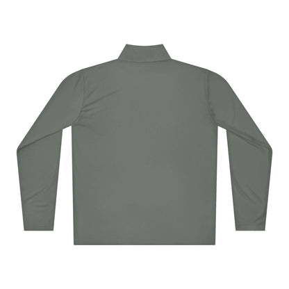 Rückansicht eines leichten Pullovers mit Viertel-Reißverschluss, gezeigt in einer neutralen Farbe, ideal für Zwiebellook, 100 % Polyester.