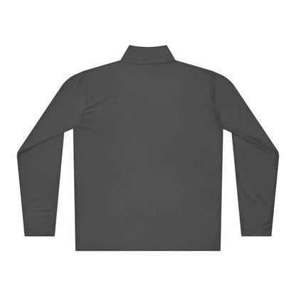 Rückansicht eines grauen leichten Pullovers mit Viertel-Reißverschluss aus 100 % Polyester, glatt und geruchsabweisend, ideal für Zwiebellook.