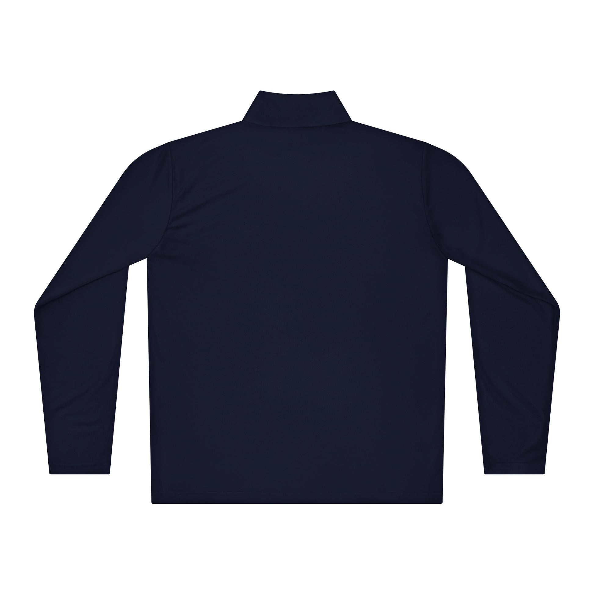 Back view of a lightweight navy pullover with quarter-zip, showing its smooth fit and simple cuffs, ideal for layering.