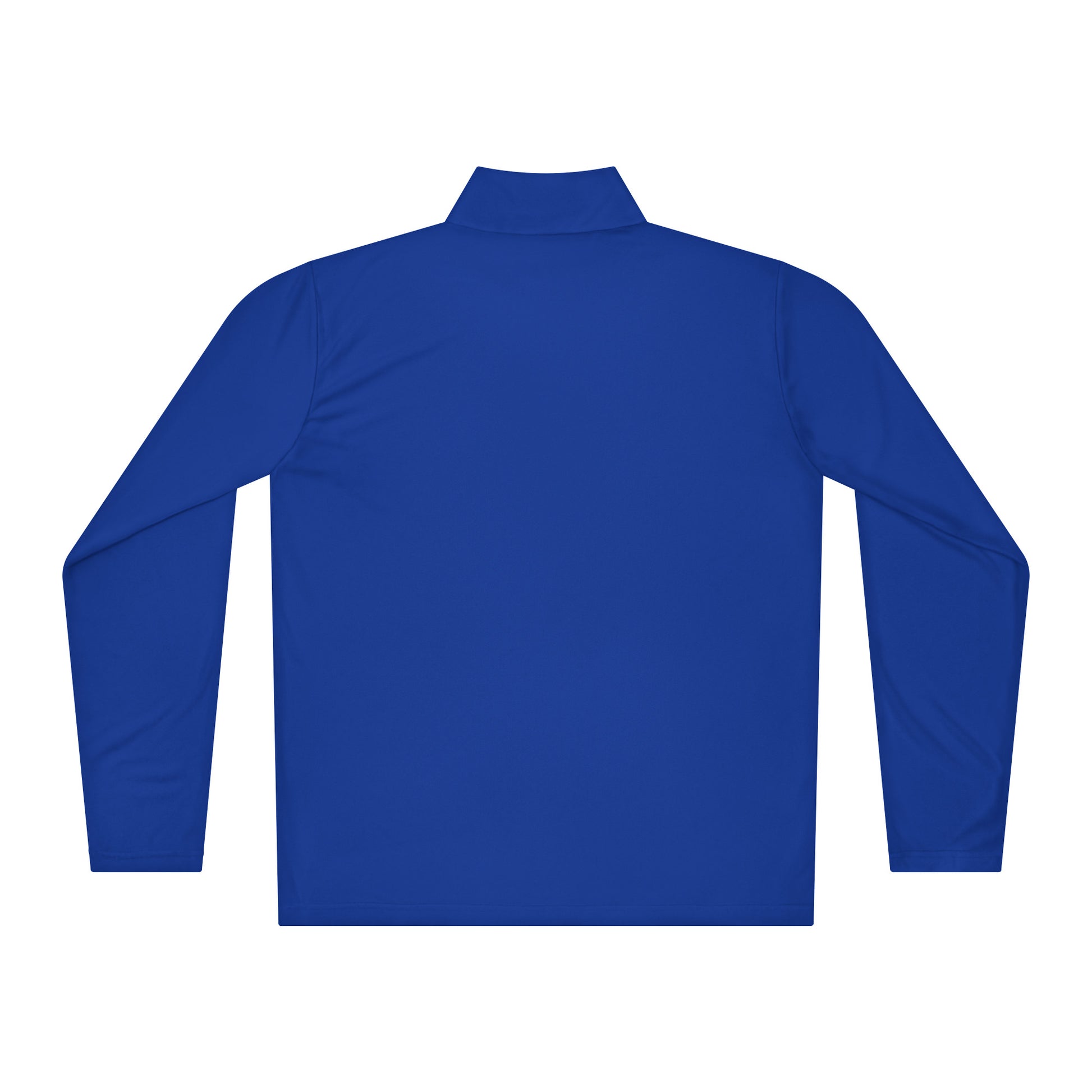 Rückseite eines blauen leichten Pullovers mit Viertel-Reißverschluss, ideal für Sport und Alltag, feuchtigkeitsableitend und bequem