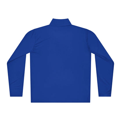 Rückansicht des blauen leichter Pullover mit Viertel-Reißverschluss aus 100 % Polyester.