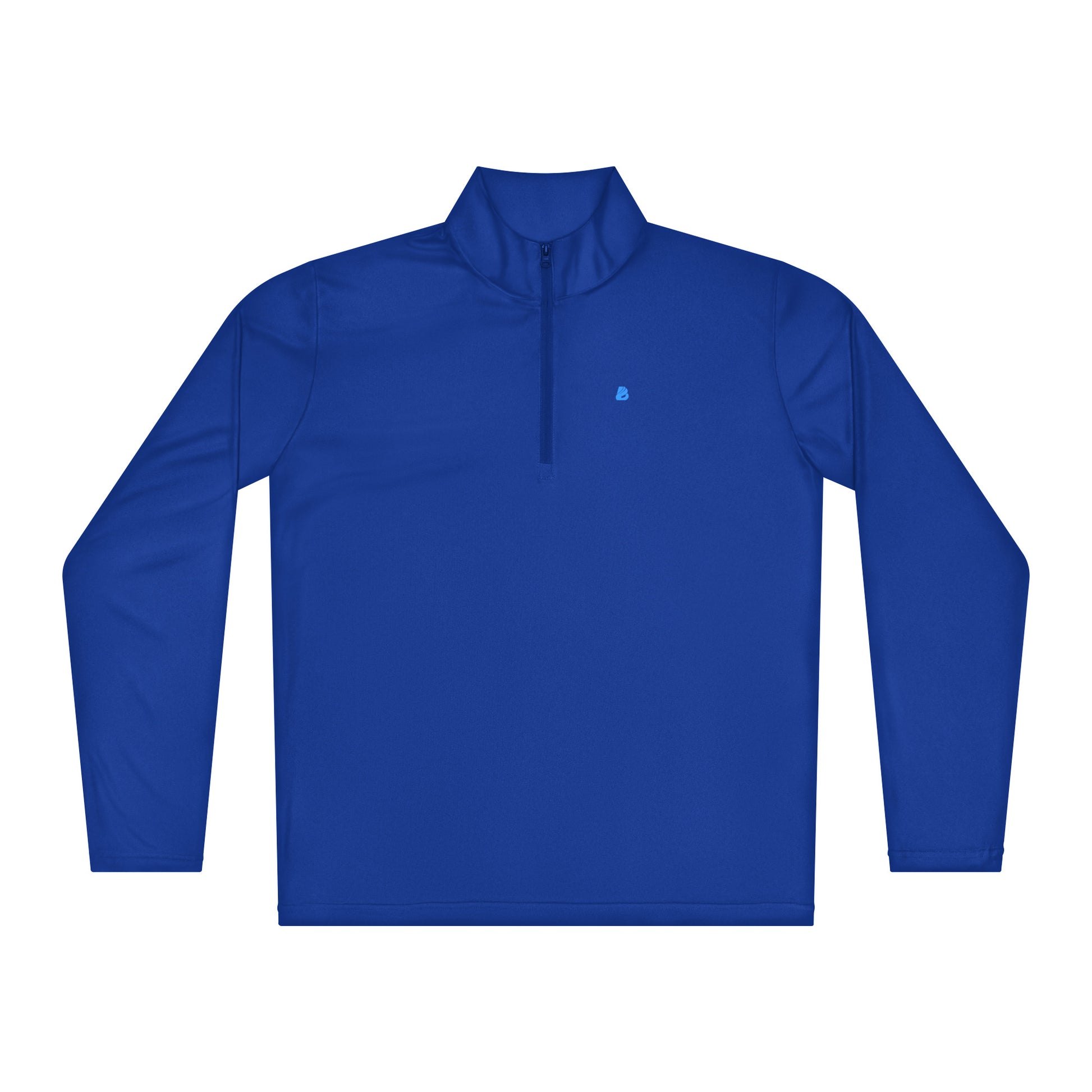 Ultraleichter blauer Pullover mit Viertel-Reißverschluss aus 100% Polyester, ideal für Sport und Freizeit, farbbeständig und feuchtigkeitsableitend.