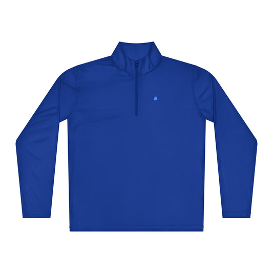 Ultraleichter blauer Pullover mit Viertel-Reißverschluss aus 100% Polyester, ideal für Sport und Freizeit, farbbeständig und feuchtigkeitsableitend.