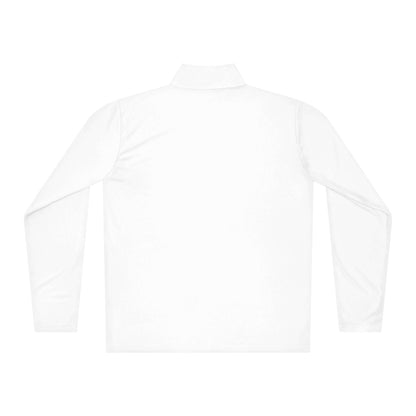 Rückansicht des weißen Leichter Pullover mit Viertel-Reißverschluss, ideal für Mehrlagenlooks. Hergestellt aus 100% Polyester.