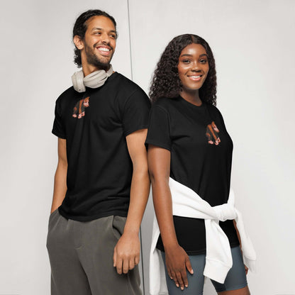 Smiling couple wearing matching black DryBlend® T-Shirts, perfect for workouts or everyday wear with moisture-wicking fabric.