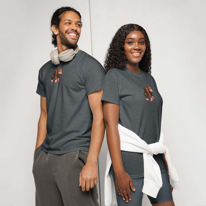 Two people wearing DryBlend® T-Shirts with modern fit and moisture-wicking fabric, perfect for workouts and daily wear.