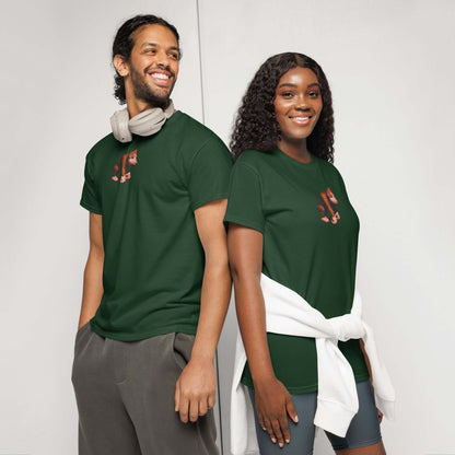 Two models wearing green DryBlend® T-Shirt with stylish fit and moisture-wicking fabric, ideal for workouts and casual wear.