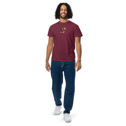 Man wearing burgundy DryBlend® T-Shirt showing modern classic fit with moisture-wicking material for active lifestyle.