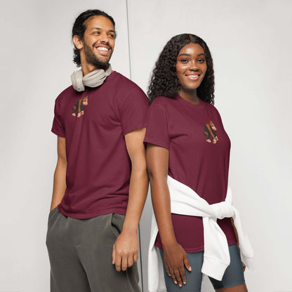 Couple wearing burgundy t-shirts featuring stylish print, showcasing DryBlend® T-Shirt's modern fit and moisture-wicking fabric.