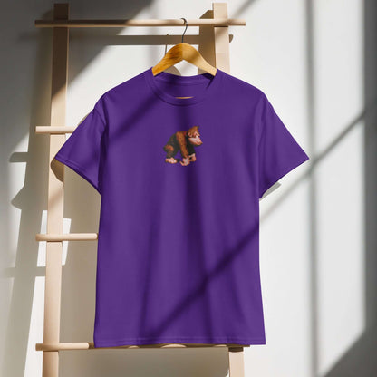 Purple DryBlend® T-Shirt hanging on wooden ladder, featuring moisture-wicking fabric for workouts and casual wear.