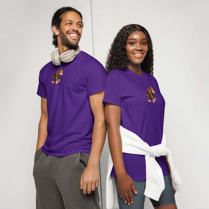 Couple wearing purple DryBlend® T-Shirts with modern fit and moisture-wicking fabric, styled in casual outfits.