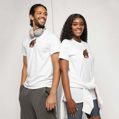 Couple wearing DryBlend® T-Shirt with bear graphic, showing moisture-wicking material and modern fit. Ideal for all activities.