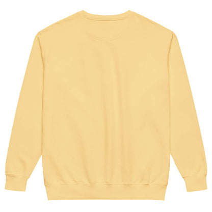 Back view of vintage-style Unisex Pullover in yellow, relaxed fit, perfect for daily wear with soft cotton-poly blend.