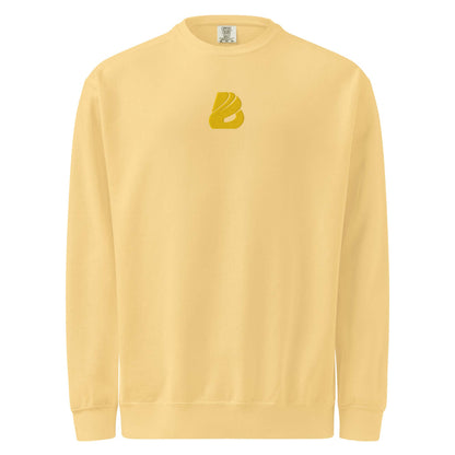 Unisex Pullover in vintage-washed yellow color, offering a soft feel and relaxed fit, perfect for everyday wear.
