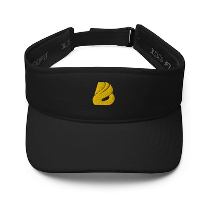 Visor N°1 black visor with yellow embroidery for sun protection and moisture absorption, velcro closure, suitable for outdoor activities.