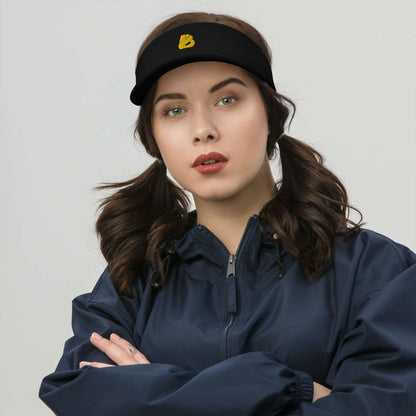 Woman wearing Visor N°1 with embroidered design, ideal for sun protection and sweat absorption.