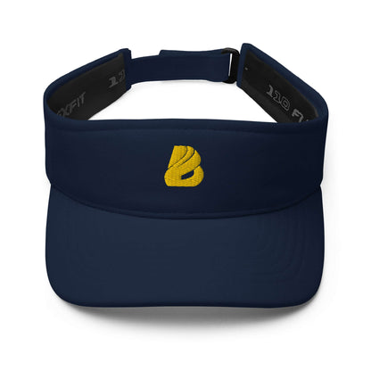 Visor N°1 - Navy blue embroidered visor with moisture-wicking fabric, adjustable Velcro strap, and matching under visor.